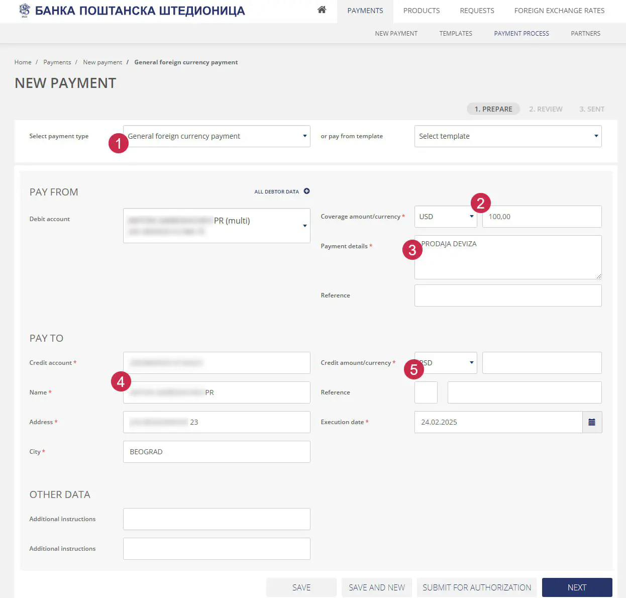Пример конвертации USD в динары в личном кабинете бизнеса