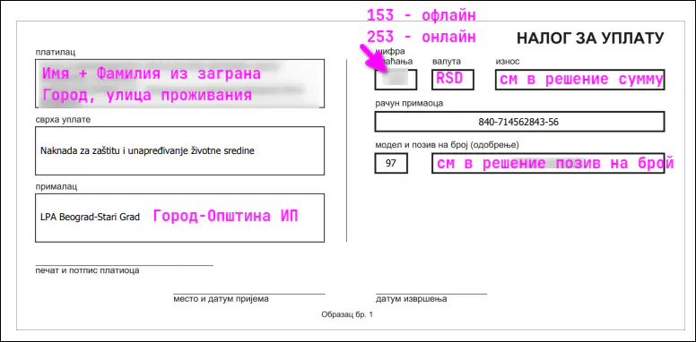 Пример платежки по решению ЭКО таксы