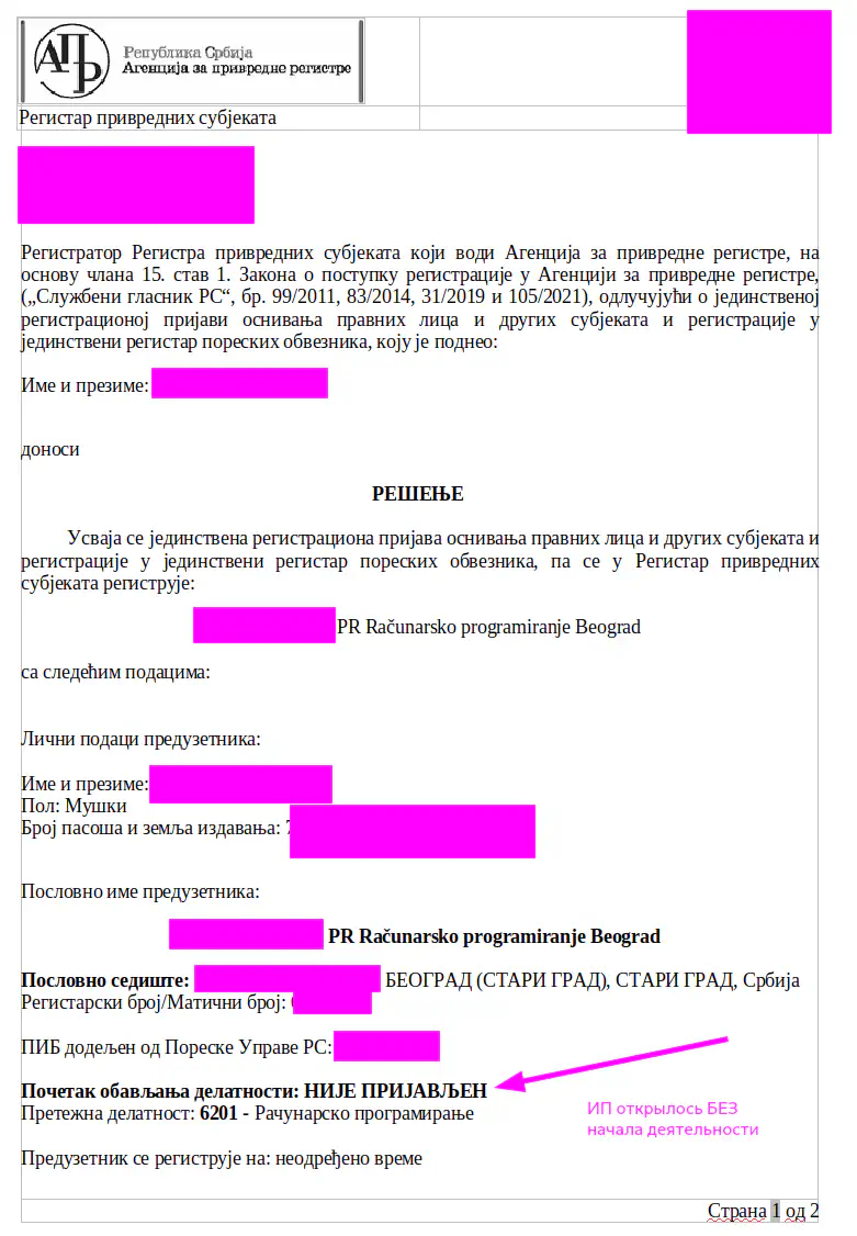 Пример решения регистрации ИП без начала деятельности